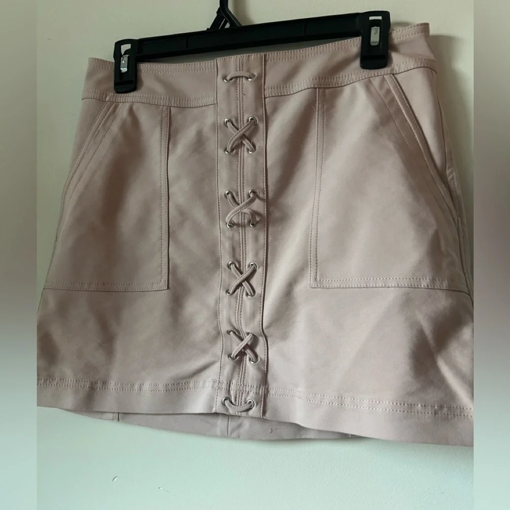 Express Blush Pink Faux Mini Skirt with Lace-Up Front – Size 6